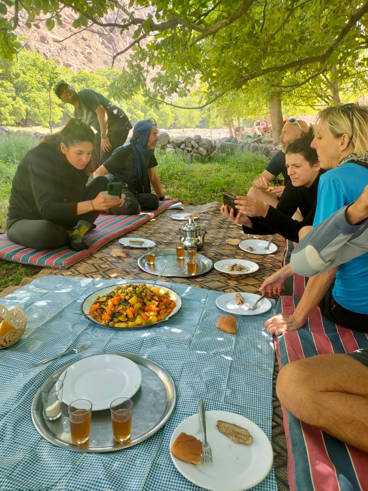 A shared meal and mint tea laid out on rugs in tree shade, walkers and guides sitting together