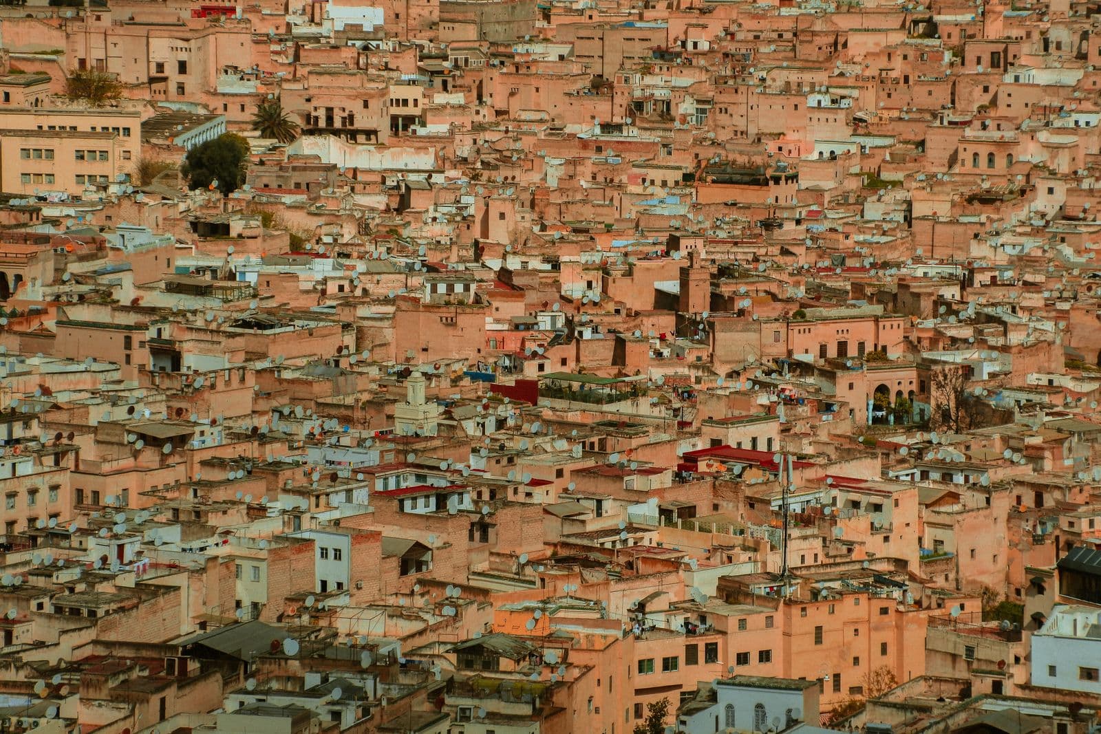 Aerial view over the packed rooftops and minarets of the Fez medina